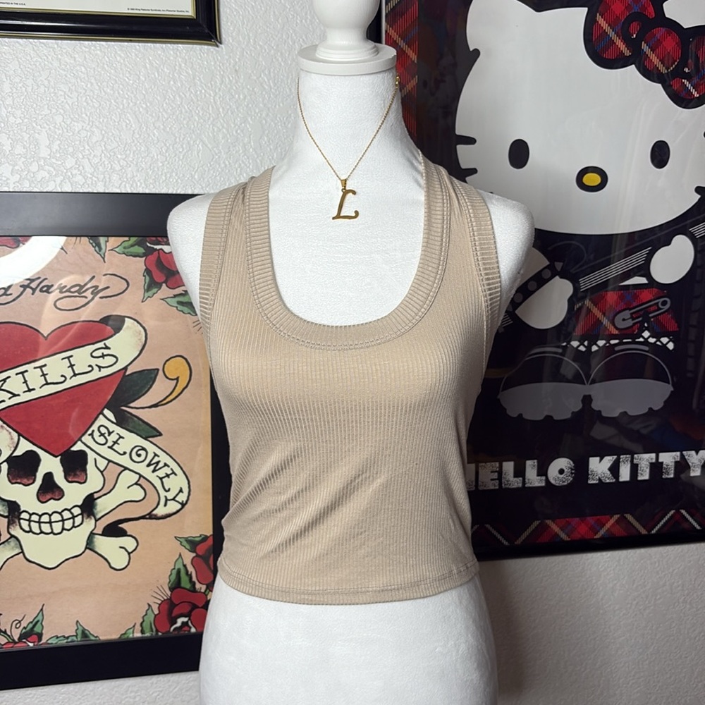 Jova Beige Ribbed Cropped Racerback Tank Top Neutral Basic Casual Everyday